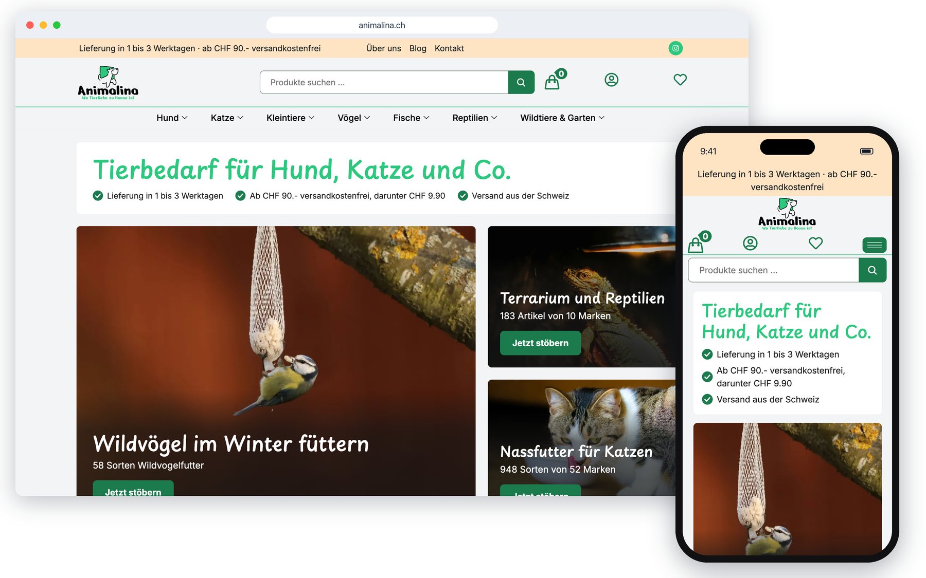 Online-Shop Animalina in einem Desktop-Browser und auf einem Smartphone: Suchfeld, Menü mit den Tierkategorien und der Titel Tierbedarf für Hund, Katze und Co.