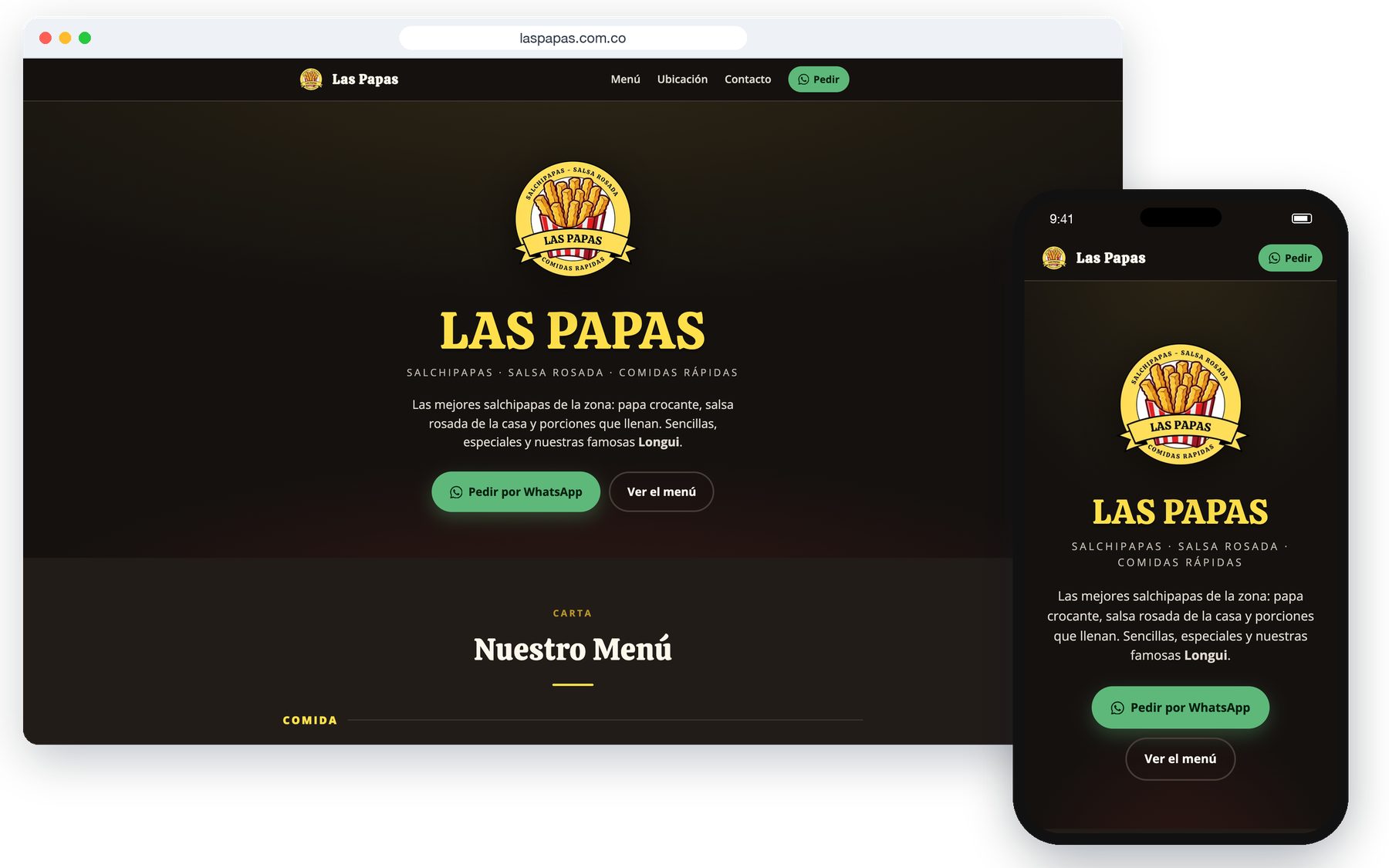 Sitio web de Las Papas en un navegador de escritorio y en un celular: logo, título LAS PAPAS y botón para pedir por WhatsApp.